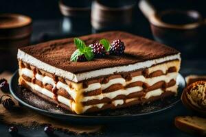 une tranche de tiramisu gâteau sur une plaque. généré par ai photo