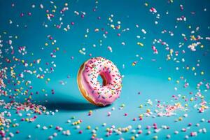 une Donut entouré par arrose sur une bleu Contexte. généré par ai photo