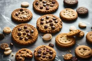 une variété de biscuits et biscuits sur une tableau. généré par ai photo