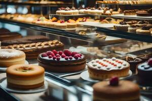 beaucoup différent les types de Gâteaux sont sur afficher dans une boulangerie. généré par ai photo