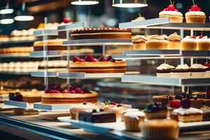 beaucoup différent les types de Gâteaux sont sur afficher dans une boulangerie. généré par ai photo