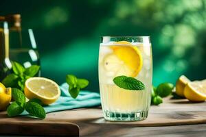 limonade avec menthe feuilles et citrons sur une en bois tableau. généré par ai photo