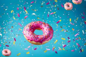 Donut avec arrose sur une bleu Contexte. généré par ai photo