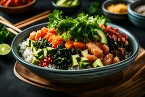 une bol de Sushi avec des légumes et riz. généré par ai photo