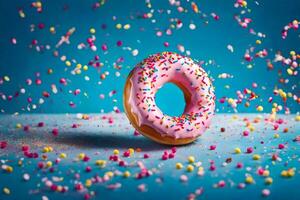 une Donut avec arrose sur une bleu Contexte. généré par ai photo