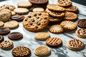 une variété de biscuits et des biscuits sur une marbre tableau. généré par ai photo