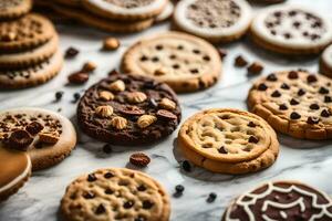 divers biscuits et biscuits sur une marbre surface. généré par ai photo