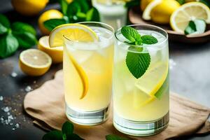 deux des lunettes de limonade avec menthe feuilles et citrons. généré par ai photo