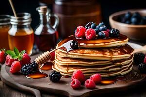 Crêpes avec sirop et baies sur une en bois tableau. généré par ai photo