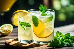 deux des lunettes de limonade avec menthe feuilles. généré par ai photo