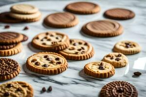 Chocolat puce biscuits sur une marbre comptoir. généré par ai photo