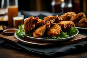 poulet ailes sur une assiette avec sauce et une verre de bière. généré par ai photo