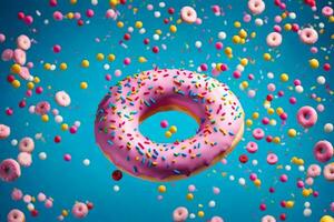 une Donut avec arrose sur une bleu Contexte. généré par ai photo