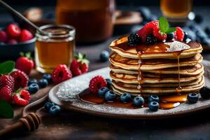 Crêpes avec sirop et baies sur une plaque. généré par ai photo