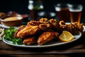 une assiette de frit poulet et citron coins. généré par ai photo