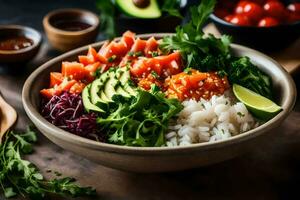 une bol de Sushi avec riz, des légumes et Avocat. généré par ai photo