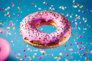 une rose Donut avec arrose sur une bleu Contexte. généré par ai photo