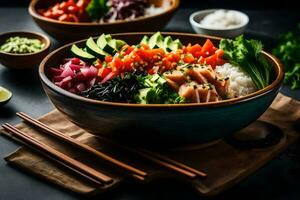 une bol de Sushi avec baguettes et des légumes. généré par ai photo