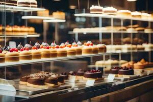 beaucoup différent les types de Gâteaux sont sur afficher dans une boulangerie. généré par ai photo