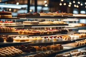 beaucoup différent les types de Gâteaux sont sur afficher dans une boulangerie. généré par ai photo