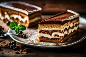 deux tranches de gâteau sur une plaque. généré par ai photo