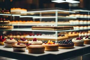 beaucoup différent les types de Gâteaux sont affiché sur une étagère. généré par ai photo