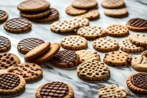 une variété de biscuits sont arrangé sur une marbre surface. généré par ai photo