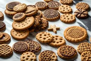 une pile de biscuits sur une marbre comptoir. généré par ai photo