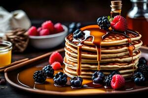 Crêpes avec sirop et baies sur une plaque. généré par ai photo