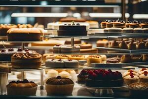 beaucoup différent les types de Gâteaux sont sur afficher dans une boulangerie. généré par ai photo