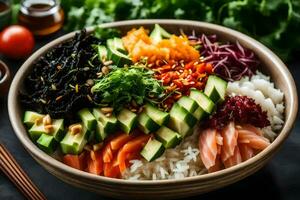 une bol de Sushi avec des légumes et riz. généré par ai photo