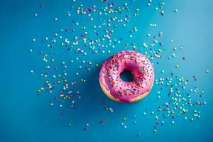 Donut sur une bleu Contexte. généré par ai photo