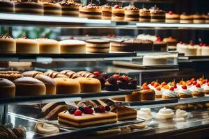 beaucoup différent les types de Gâteaux sont sur afficher dans une boulangerie. généré par ai photo