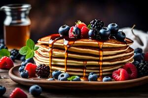 Crêpes avec baies et sirop sur une en bois plaque. généré par ai photo