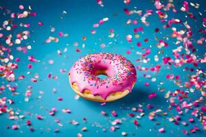 une rose Donut avec arrose sur une bleu Contexte. généré par ai photo