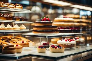 une afficher Cas avec divers les types de Gâteaux. généré par ai photo