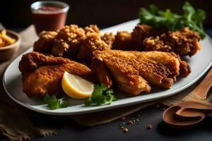 frit poulet et frites sur une plaque. généré par ai photo