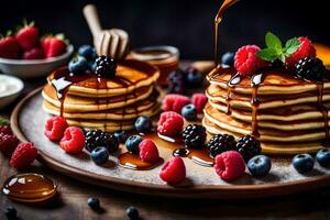 Crêpes avec baies et sirop sur une en bois tableau. généré par ai photo