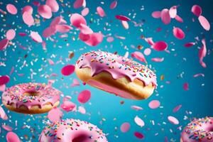 beignets avec rose glaçage et arrose sur une bleu Contexte. généré par ai photo