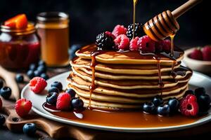 Crêpes avec sirop et baies sur une plaque. généré par ai photo