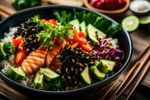 une bol de Sushi avec des légumes et riz. généré par ai photo