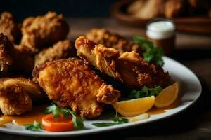 une assiette de frit poulet avec citron coins et des légumes. généré par ai photo