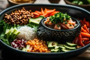 une bol de nourriture avec riz, des légumes et autre ingrédients. généré par ai photo