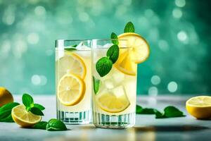 deux des lunettes de limonade avec menthe feuilles. généré par ai photo