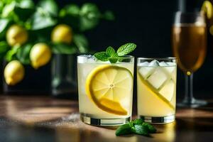 deux des lunettes de limonade avec citrons et menthe feuilles. généré par ai photo