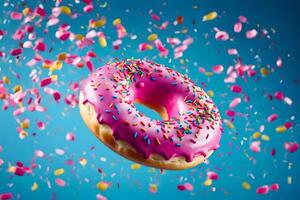 une Donut avec arrose en volant dans le air. généré par ai photo