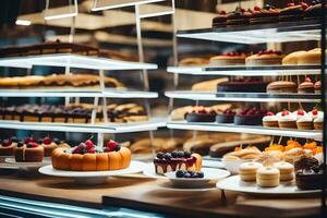 beaucoup différent les types de Gâteaux sont sur afficher dans une boulangerie. généré par ai photo