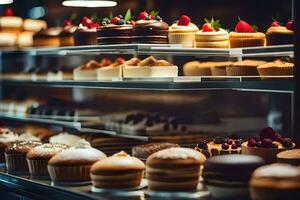 beaucoup différent les types de Gâteaux sont sur afficher dans une boulangerie. généré par ai photo