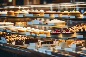 beaucoup différent les types de Gâteaux sont sur afficher dans une boulangerie. généré par ai photo