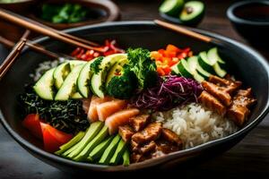 une bol de Sushi avec riz, des légumes et Viande. généré par ai photo